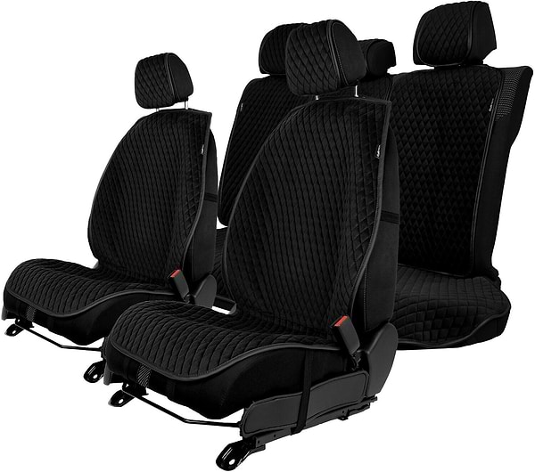 Фото - Комплект накидок на сидіння автомобіля EVAtech з алькантари чорний з чорною ниткою, чорний кант, малий ромб SETACASMRBBB