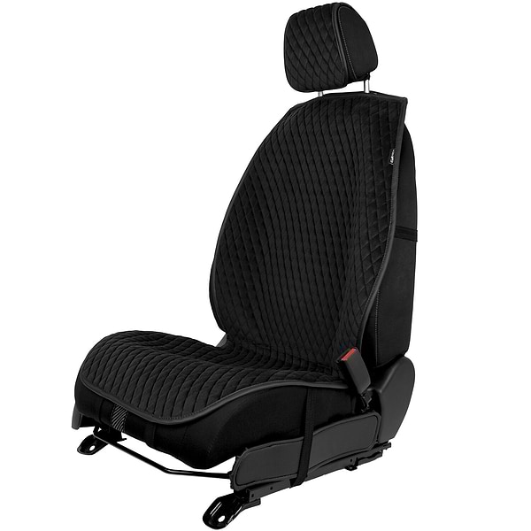 Фото - Комплект накидок на сидіння автомобіля EVAtech з алькантари чорний з чорною ниткою, чорний кант, малий ромб SETACASMRBBB