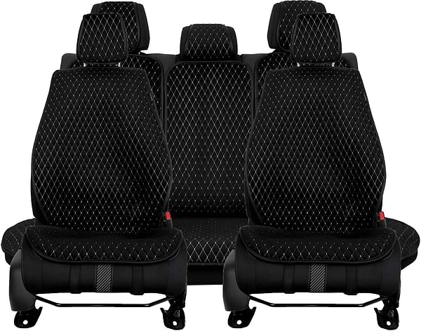 Фото - Комплект накидок на сиденье автомобиля EVAtech из алькантары черный с белой нитью, черный кант, малый ромб SETACASMRBWB