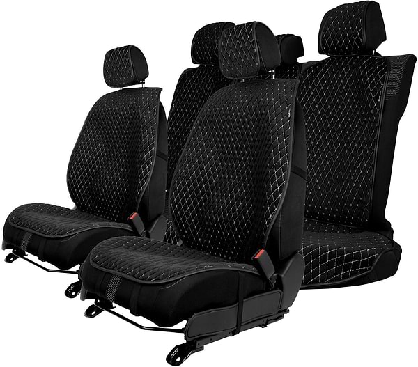 Фото - Комплект накидок на сиденье автомобиля EVAtech из алькантары черный с белой нитью, черный кант, малый ромб SETACASMRBWB
