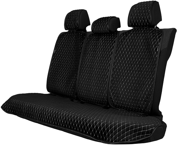 Фото - Комплект накидок на сиденье автомобиля EVAtech из алькантары черный с белой нитью, черный кант, малый ромб SETACASMRBWB