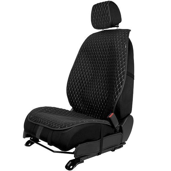 Фото - Комплект накидок на сиденье автомобиля EVAtech из алькантары черный с белой нитью, черный кант, малый ромб SETACASMRBWB