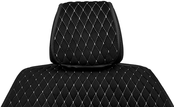 Фото - Комплект накидок на сиденье автомобиля EVAtech из алькантары черный с белой нитью, черный кант, малый ромб SETACASMRBWB