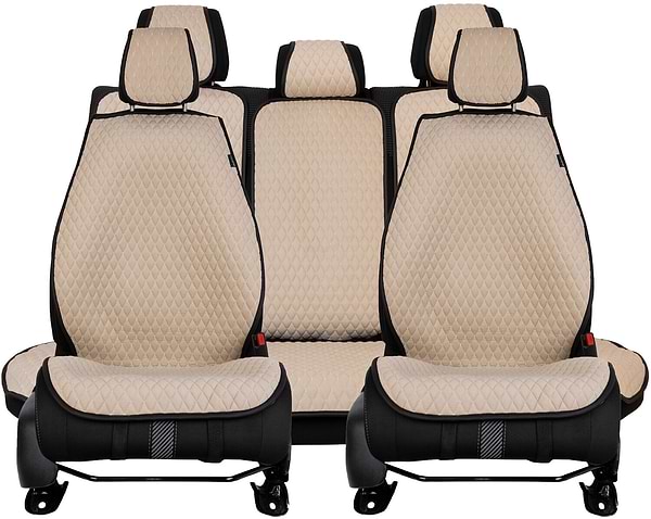 Фото - Комплект накидок на сиденье автомобиля EVAtech из алькантары бежевый с бежевой нитью, черный кант, малый ромб SETACASMRIIB