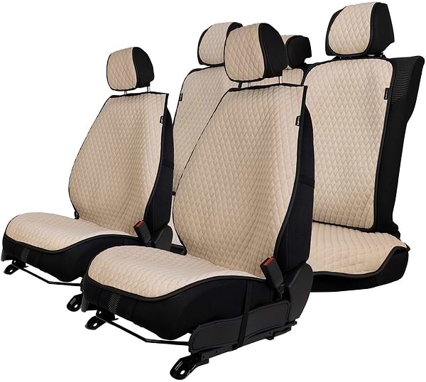 Фото - Комплект накидок на сиденье автомобиля EVAtech из алькантары бежевый с бежевой нитью, черный кант, малый ромб SETACASMRIIB