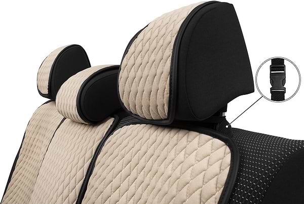 Фото - Комплект накидок на сиденье автомобиля EVAtech из алькантары бежевый с бежевой нитью, черный кант, малый ромб SETACASMRIIB