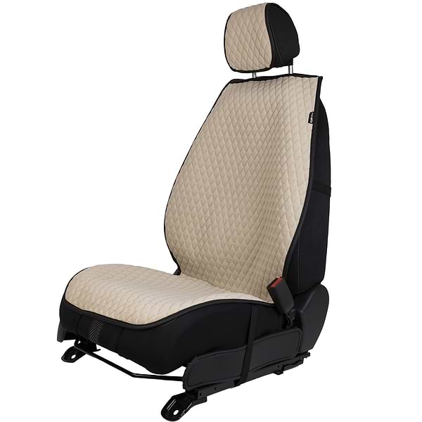 Фото - Комплект накидок на сиденье автомобиля EVAtech из алькантары бежевый с бежевой нитью, черный кант, малый ромб SETACASMRIIB