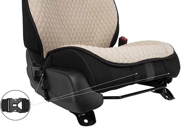 Фото - Комплект накидок на сиденье автомобиля EVAtech из алькантары бежевый с бежевой нитью, черный кант, малый ромб SETACASMRIIB
