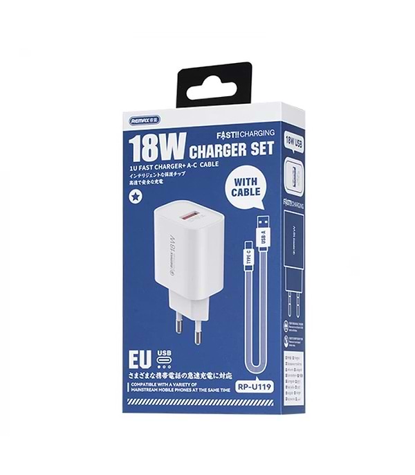 Фото - Сетевое зарядное устройство Remax Kiddy Series 18W White (1USB 2.1 А) + кабель USB Type-C (RP-U119)
