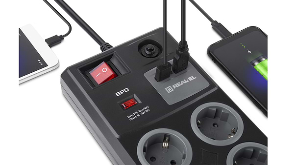 Фото - Мережевий фільтр REAL-EL RS-8F CHARGE (8 роз, 2 USB, 3 м) 16А