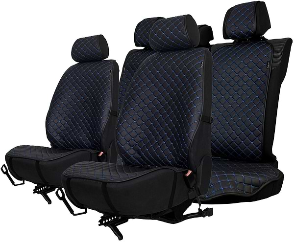 Фото - Комплект накидок на сиденье автомобиля EVAtech ECO черный с синей нитью, черный кант SETSCASBLB
