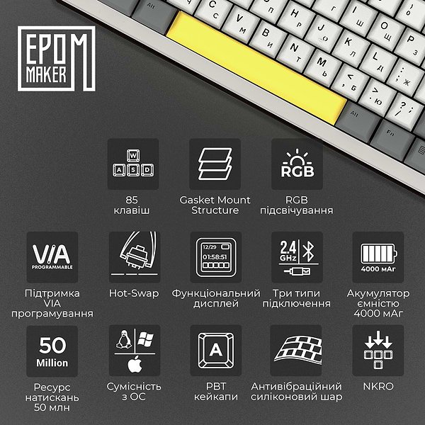 Фото - Клавіатура бездротова ігрова EPOMAKER Shadow-S TKL Mulan Switch Hot-Swap RGB White (SHS-W-M)