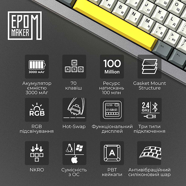 Фото - Клавіатура бездротова ігрова EPOMAKER Shadow-X Flamingo Switch Hot-Swap RGB Black (SHX-B-F)