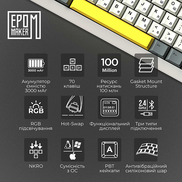 Фото - Клавиатура беспроводная игровая EPOMAKER Shadow-X Mulan Switch Hot-Swap RGB White (SHX-W-M)