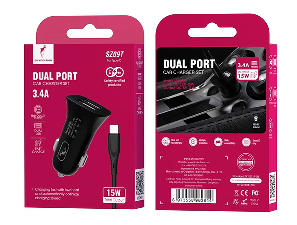 Фото - Автомобільний зарядний пристрій SkyDolphin SZ09T 2USB, 3.4A Black (AZP-000110) + кабель Type-C