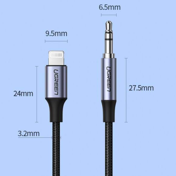 Фото - Уценка - Переходник аудио UGREEN US315 3.5 mm Male to Lightning Audio Cable Braided with Aluminum Shell 1 m Black (70509)