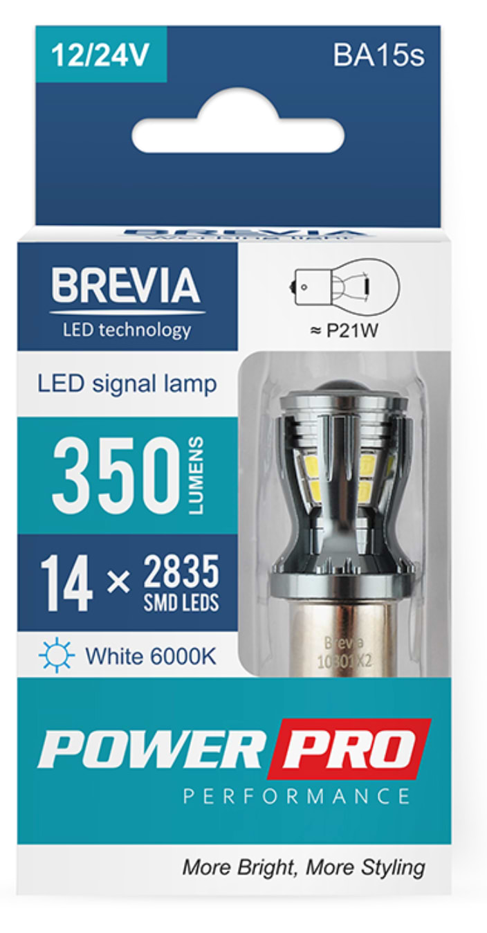 Автолампа Brevia PowerPro P21W 350Lm 14x2835SMD 12/24V CANbus, 2шт. (10301X2)