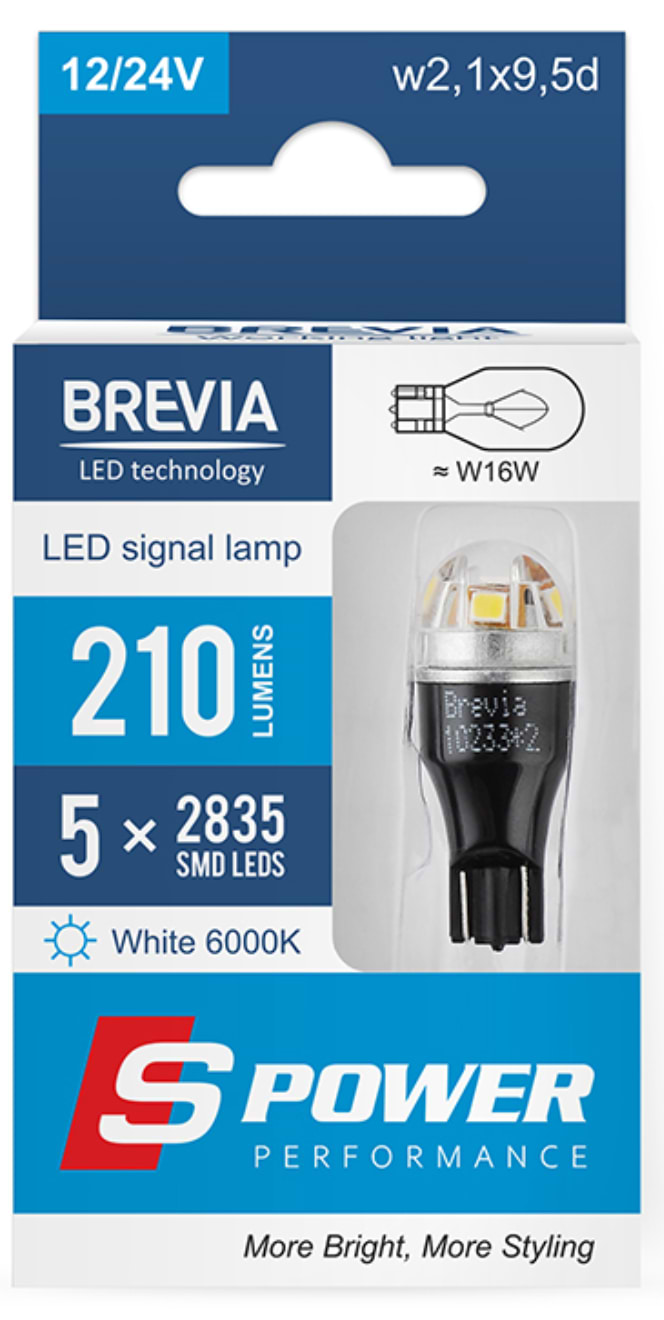 Автолампа Brevia S-Power W16W 210Lm 5x2835SMD 12/24V CANbus, 2шт. (10233X2)