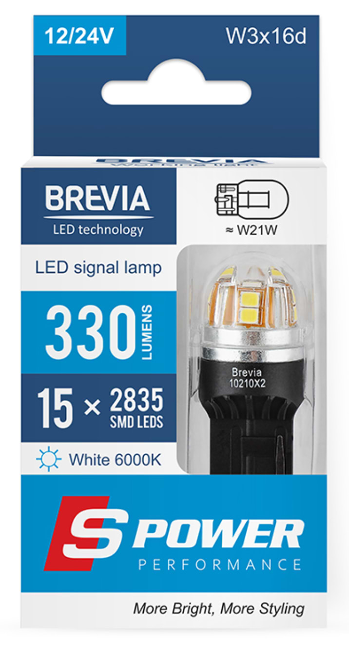 Автолампа Brevia S-Power W21W 330Lm 15x2835SMD 12/24V CANbus, 2шт. (10210X2)