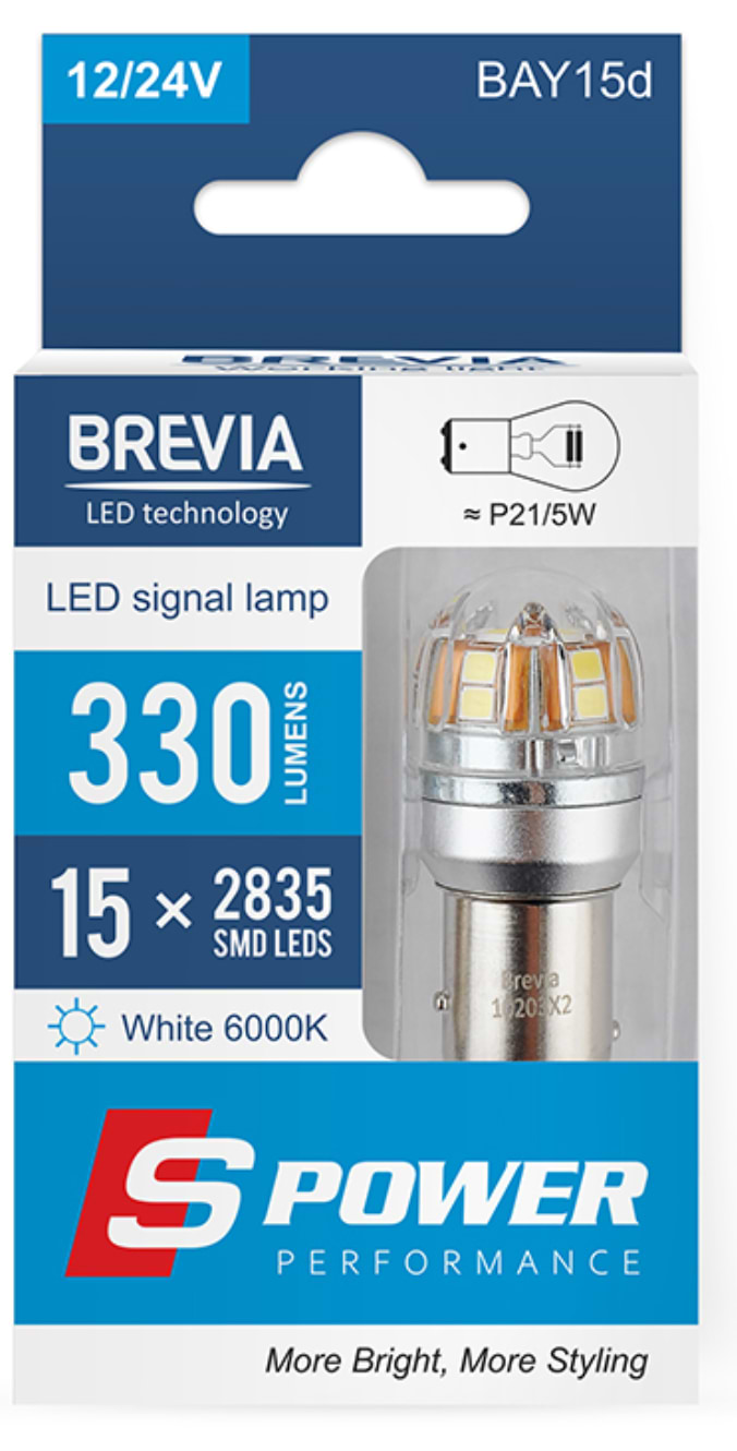 Автолампа Brevia S-Power P21/5W 330Lm 15x2835SMD 12/24V CANbus, 2шт. (10203X2)