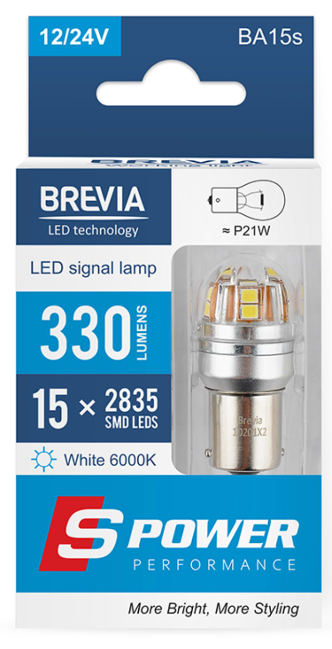 Автолампа Brevia S-Power P21W 330Lm 15x2835SMD 12/24V CANbus, 2шт. (10201X2)