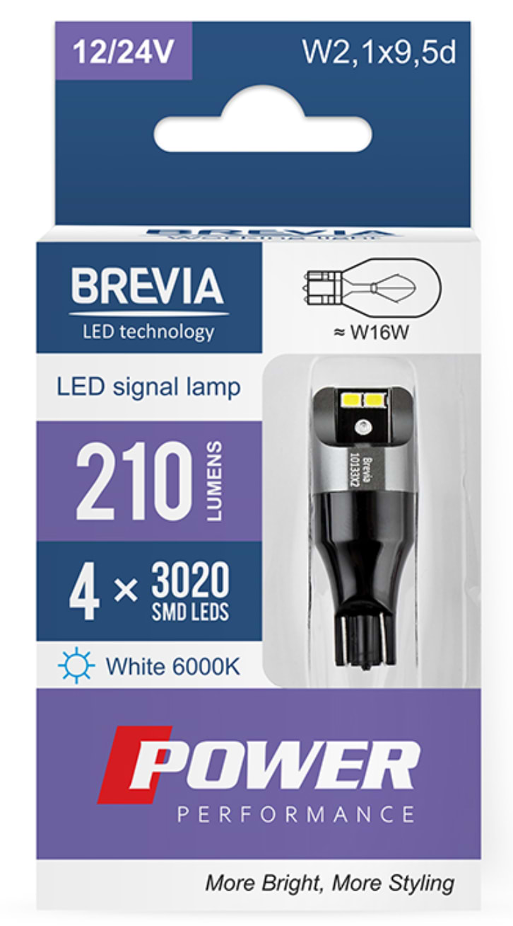 Автолампа Brevia Power W16W 210Lm 4x3020SMD 12/24V CANbus, 2шт. (10133X2)