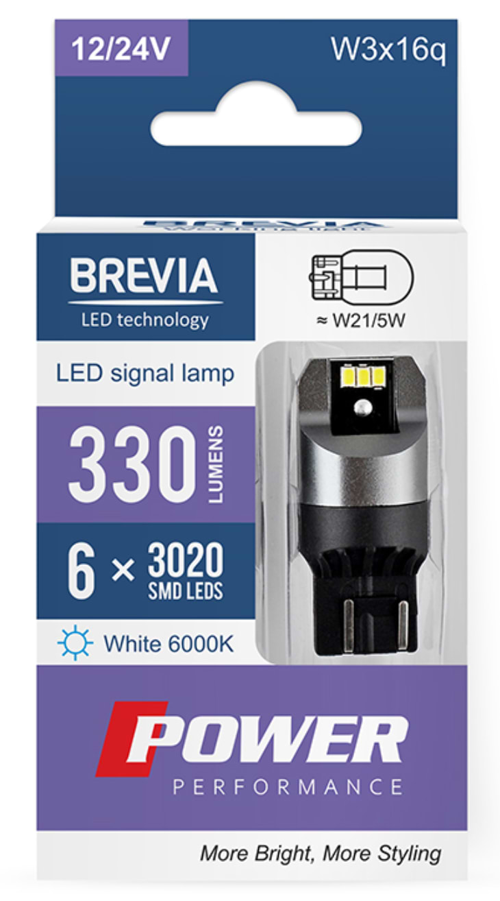 Автолампа Brevia Power W21/5W 330Lm 6x3020SMD 12/24V CANbus, 2шт. (10111X2)