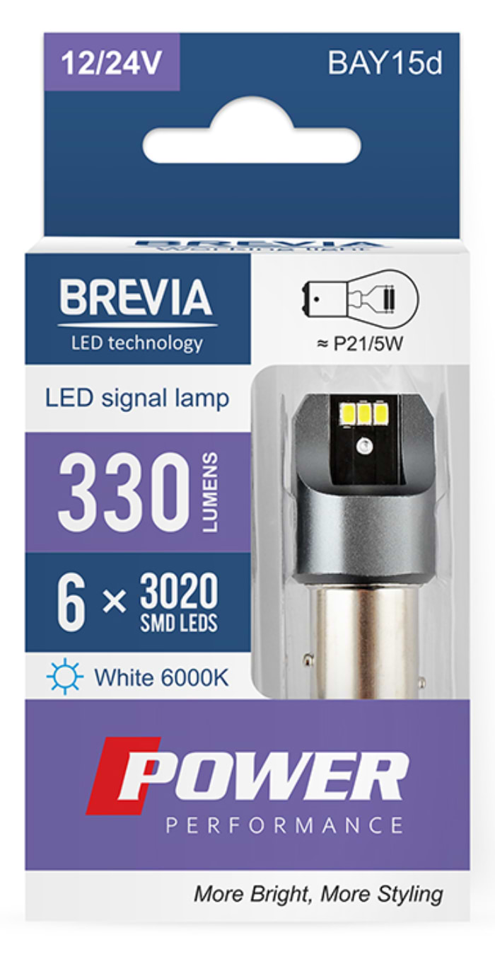 Автолампа Brevia Power P21/5W 330Lm 6x3020SMD 12/24V CANbus, 2шт. (10103X2)