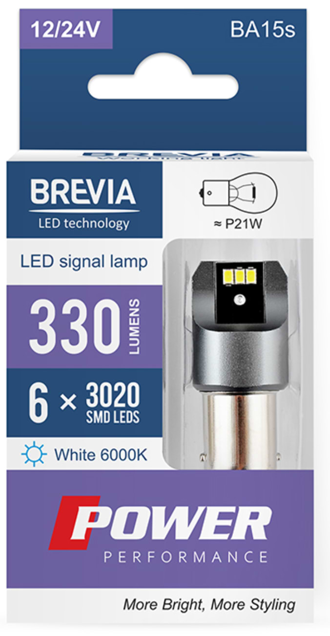 Автолампа Brevia Power P21W 330Lm 6x3020SMD 12/24V CANbus, 2шт. (10101X2)