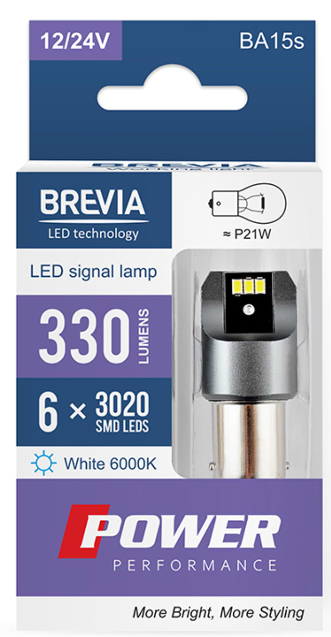 Автолампа Brevia Power P21W 330Lm 6x3020SMD 12/24V CANbus, 2шт. (10101X2)