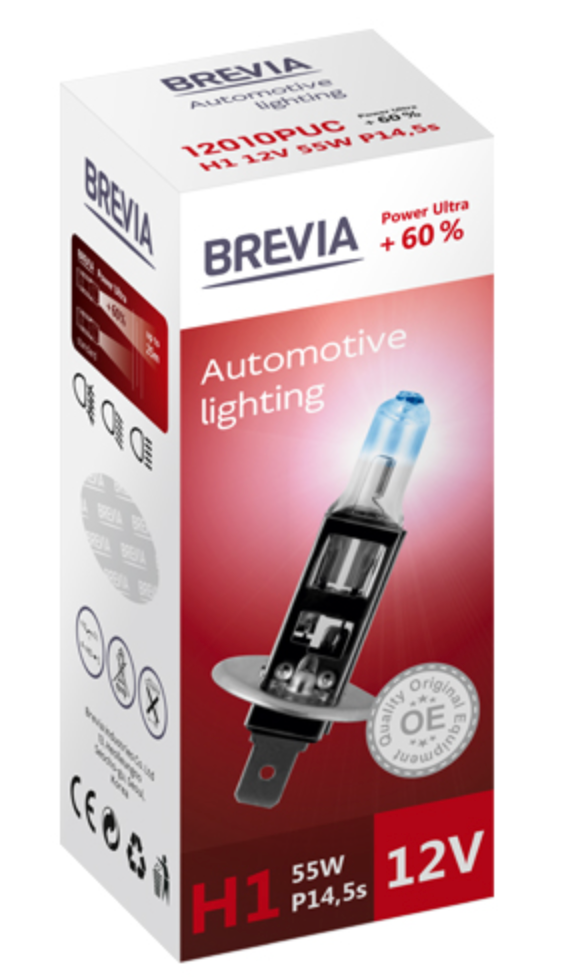 Автолампа Brevia H1 12V 55W P14.5s Power Ultra +60% CP (12010PUC)