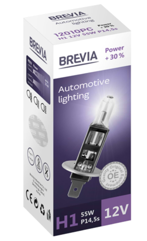 Автолампа Brevia H1 12V 55W P14.5s Power +30% CP (12010PC)