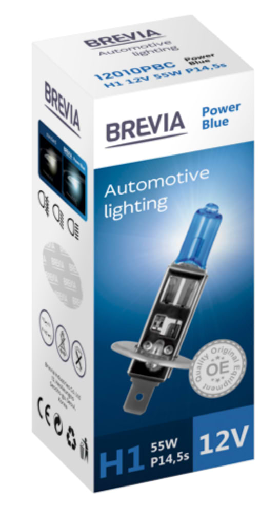 Автолампа Brevia H1 12V 55W P14.5s Power Blue CP (12010PBC)