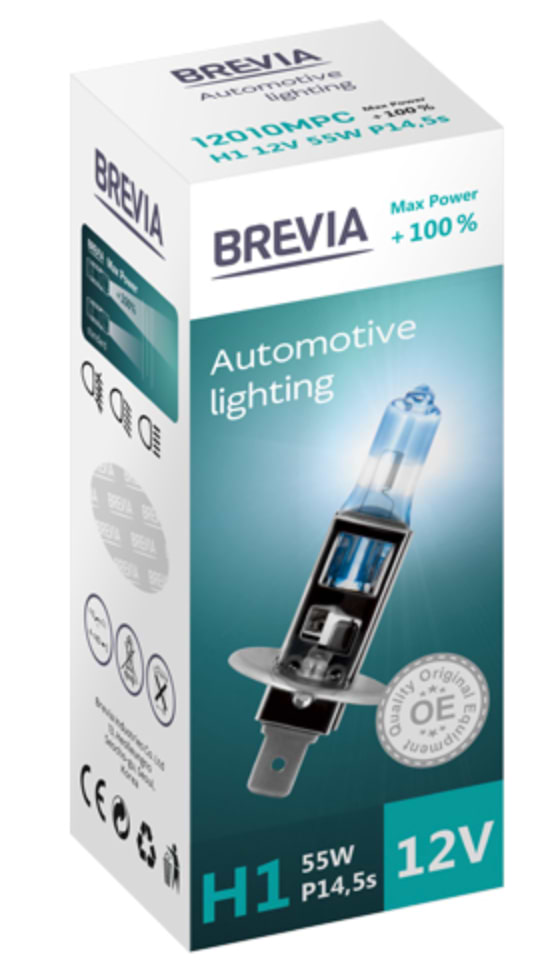Автолампа Brevia H1 12V 55W P14.5s Max Power +100% CP (12010MPC)
