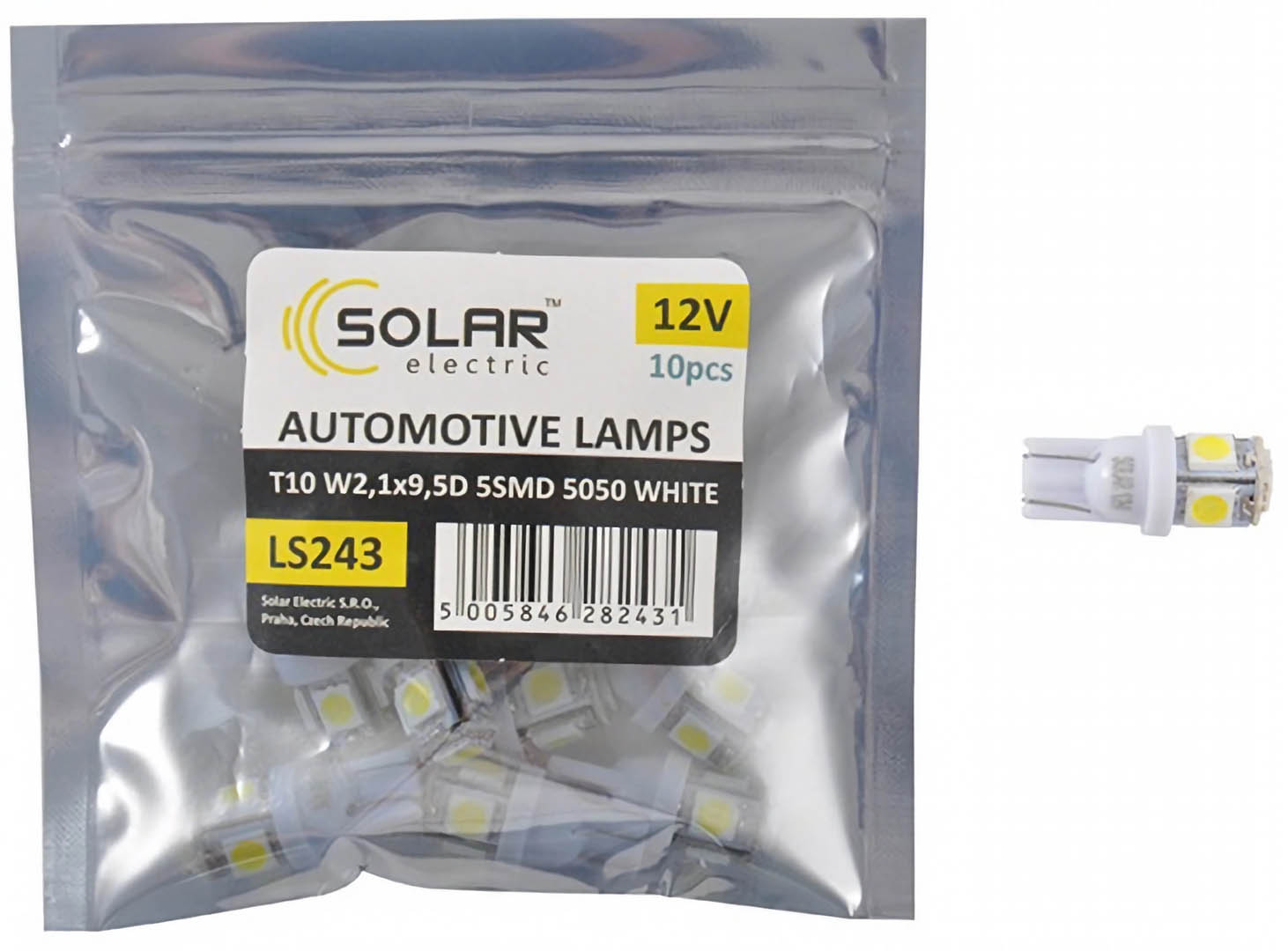 Автолампа Solar LED 12V T10 W2.1x9.5d 5smd 5050 white 10 шт. (LS243_P)