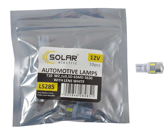 Автолампа Solar LED 12V T10 W2.1x9.5d 6SMD 5630 with lens white 10 шт. (LS285_P)