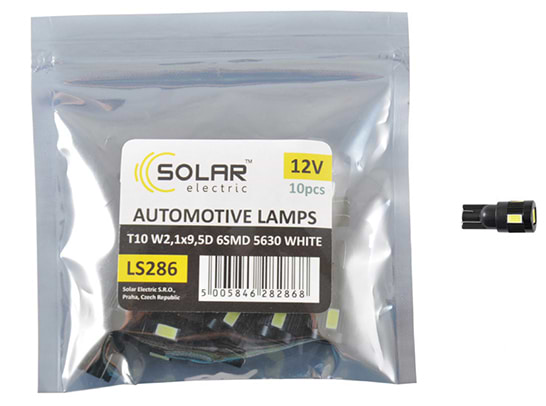 Автолампа Solar LED 12V T10 W2.1x9.5d 6SMD 5630 white 10 шт. (LS286_P)