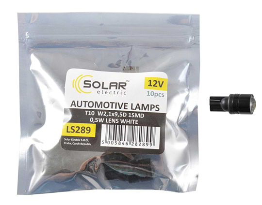 Автолампа Solar LED 12V T10 W2.1x9.5d 1SMD 0,5W with lens white 10 шт. (LS289_P)