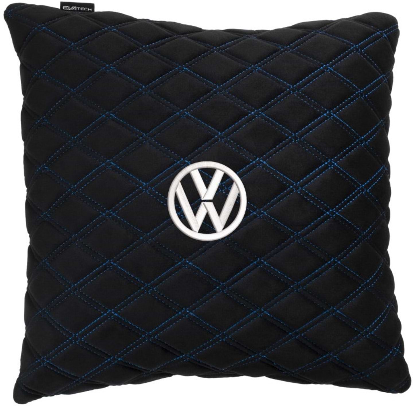 Автомобильная подушка EVAtech из алькантары 40x40 см Volkswagen черная с синей нитью, большой ромб SPBALHRBLV032