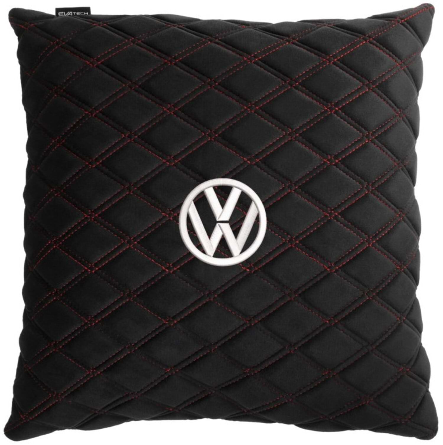 Автомобильная подушка EVAtech из алькантары 40x40 см Volkswagen черная с красной нитью, большой ромб SPBALHRBRV032