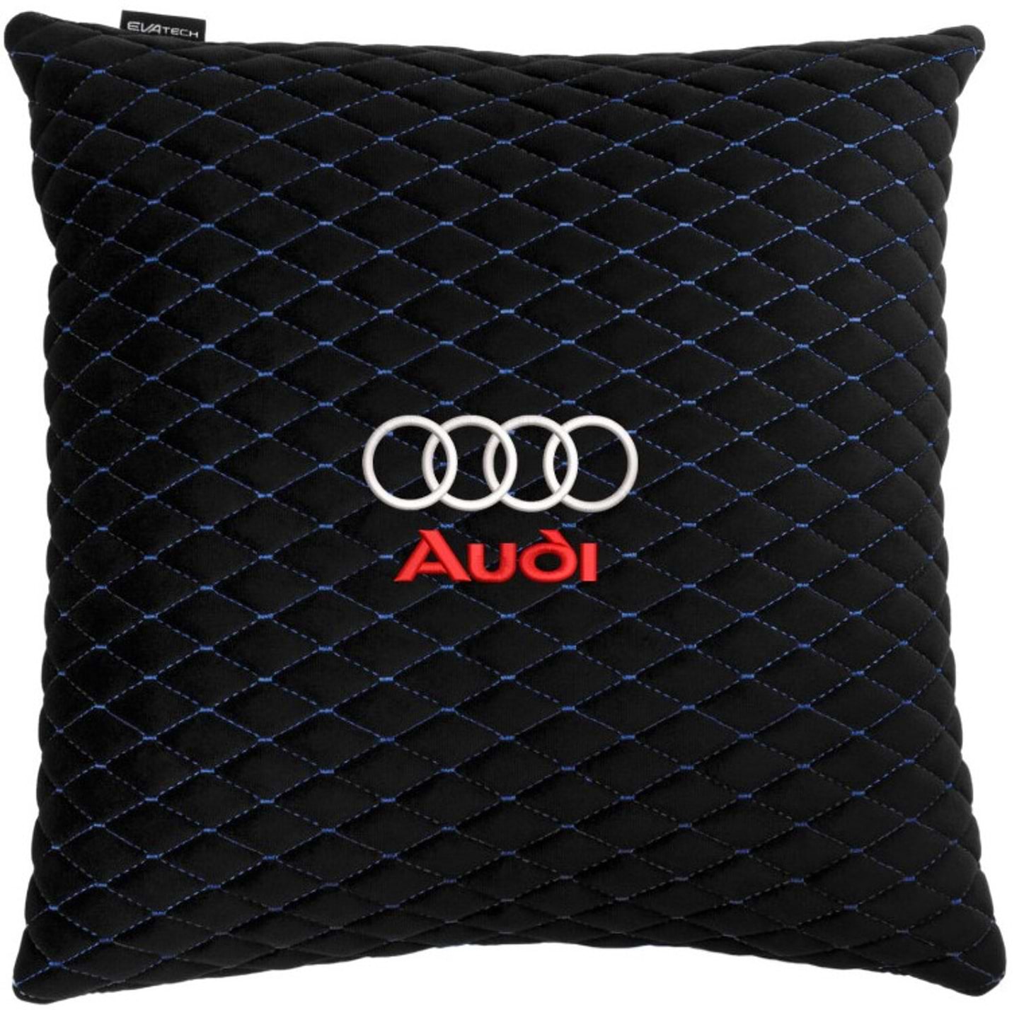 Автомобильная подушка EVAtech из алькантары 40x40 см Audi черная с синей нитью, малый ромб SPBALMRBLV003