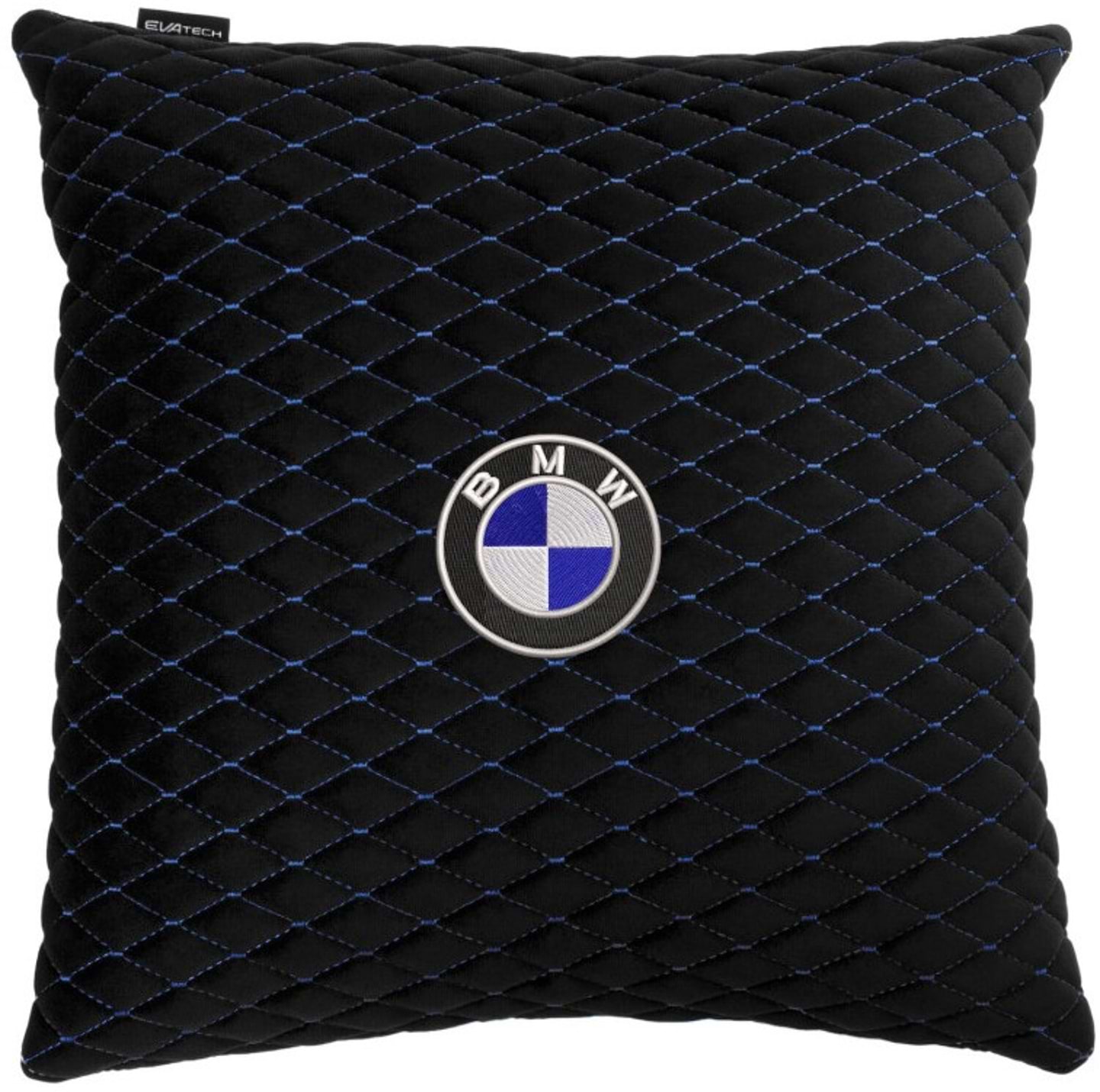 Автомобильная подушка EVAtech из алькантары 40x40 см BMW черная с синей нитью, малый ромб SPBALMRBLV005