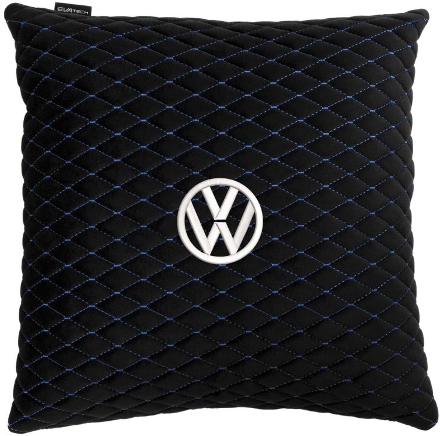 Автомобильная подушка EVAtech из алькантары 40x40 см Volkswagen черная с синей нитью, малый ромб SPBALMRBLV032