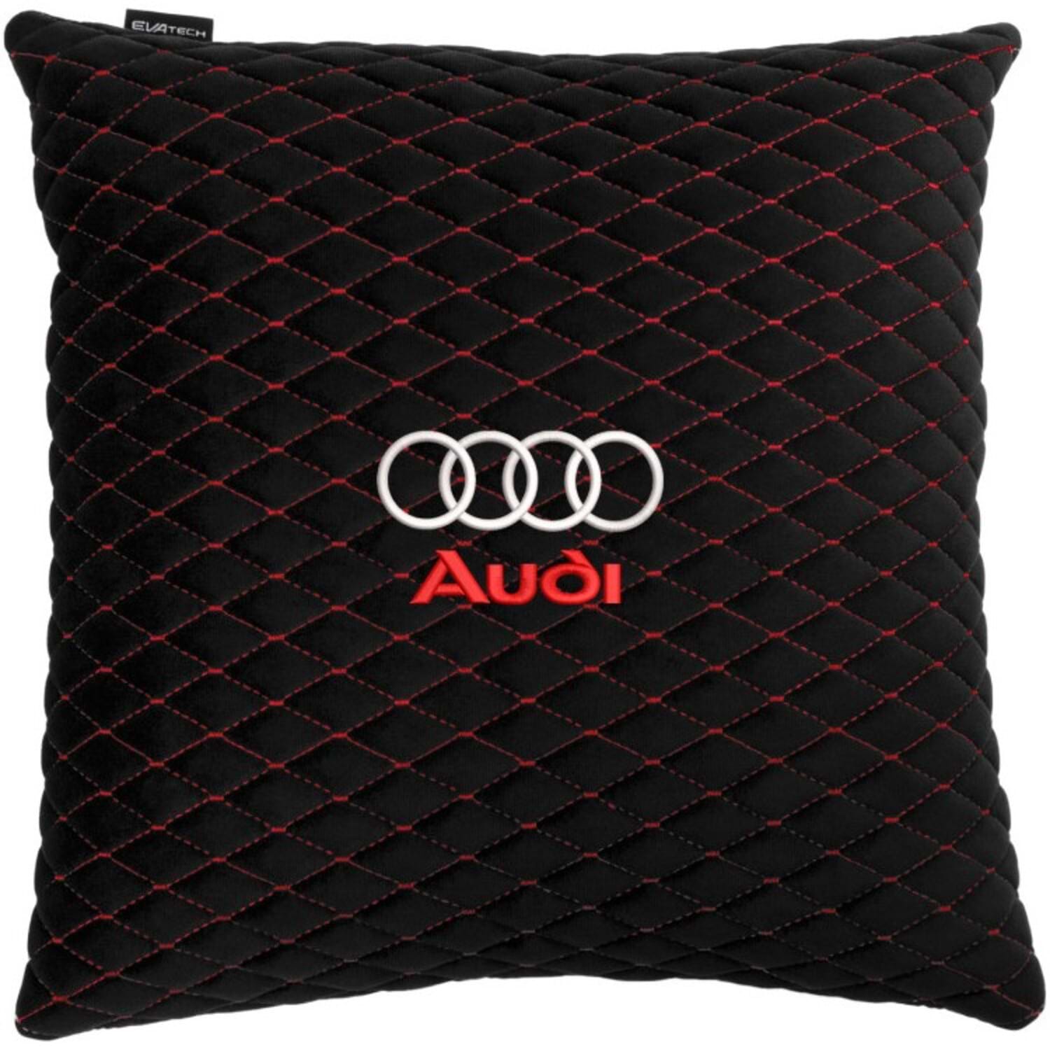 Автомобильная подушка EVAtech из алькантары 40x40 см Audi черная с красной нитью, малый ромб SPBALMRBRV003