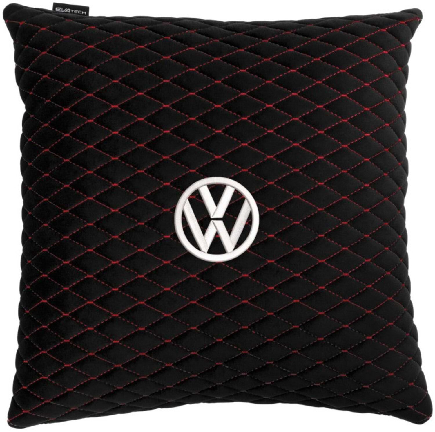 Автомобильная подушка EVAtech из алькантары 40x40 см Volkswagen черная с красной нитью, малый ромб SPBALMRBRV032