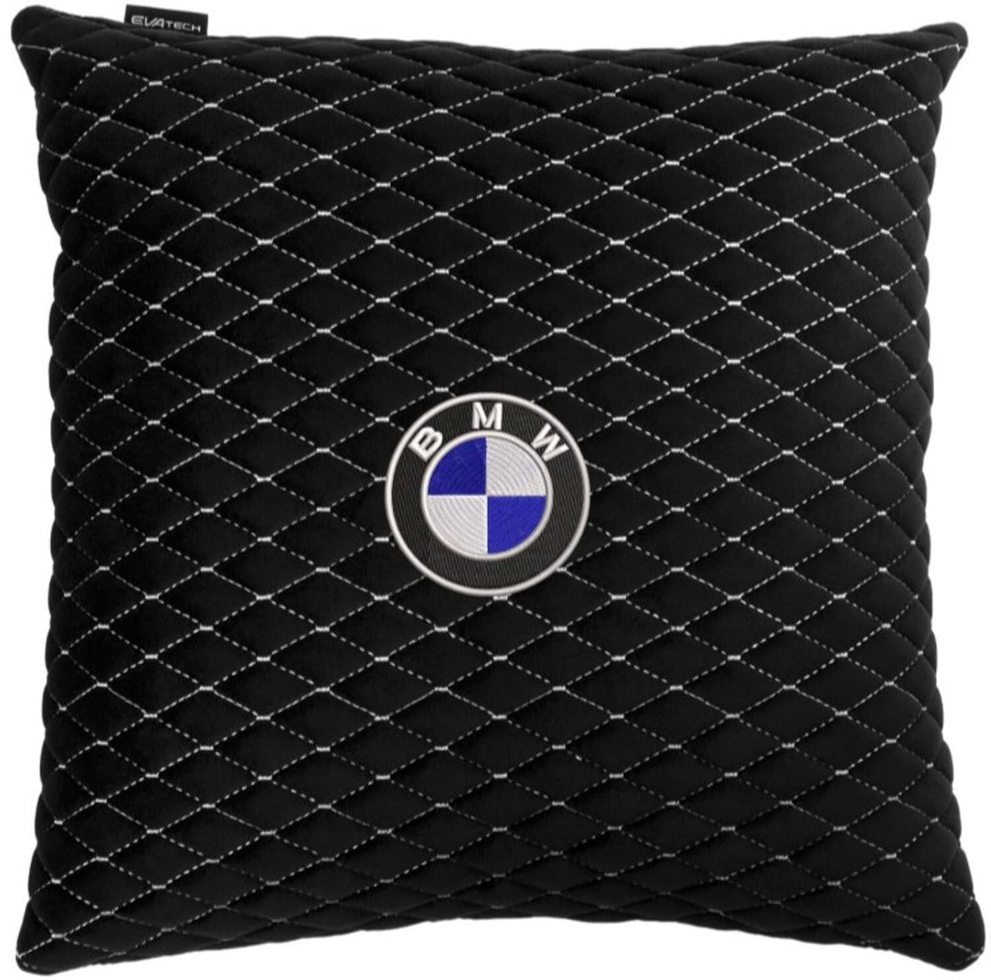 Автомобильная подушка EVAtech из алькантары 40x40 см BMW черная с белой нитью, малый ромб SPBALMRBWV005
