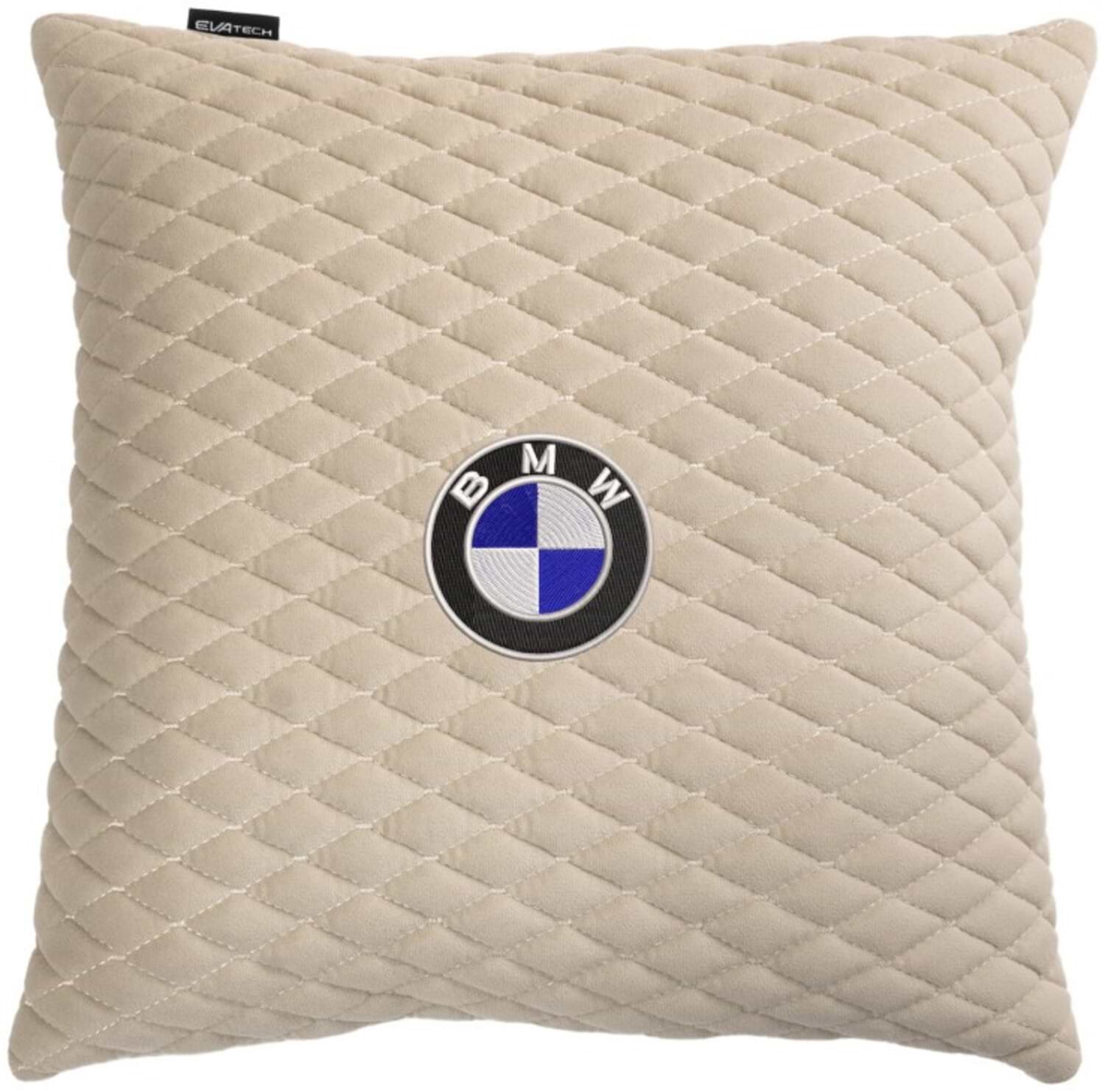 Автомобильная подушка EVAtech из алькантары 40x40 см BMW бежевая с бежевой нитью, малый ромб SPBALMRIIV005