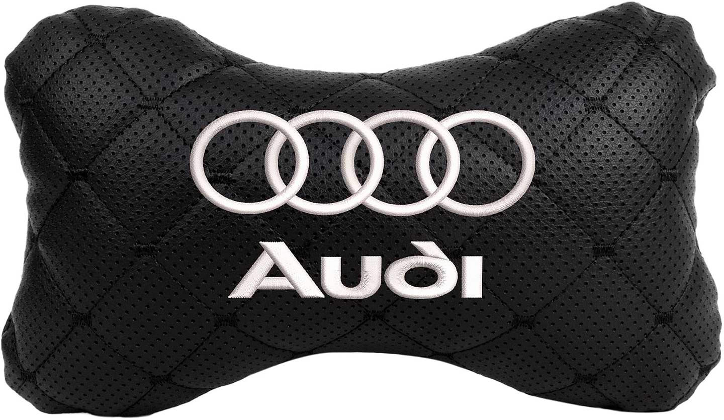 Автомобильная подушка на подголовник EVAtech ECO 27х16 см Audi черная с черной нитью SPCRBBV095