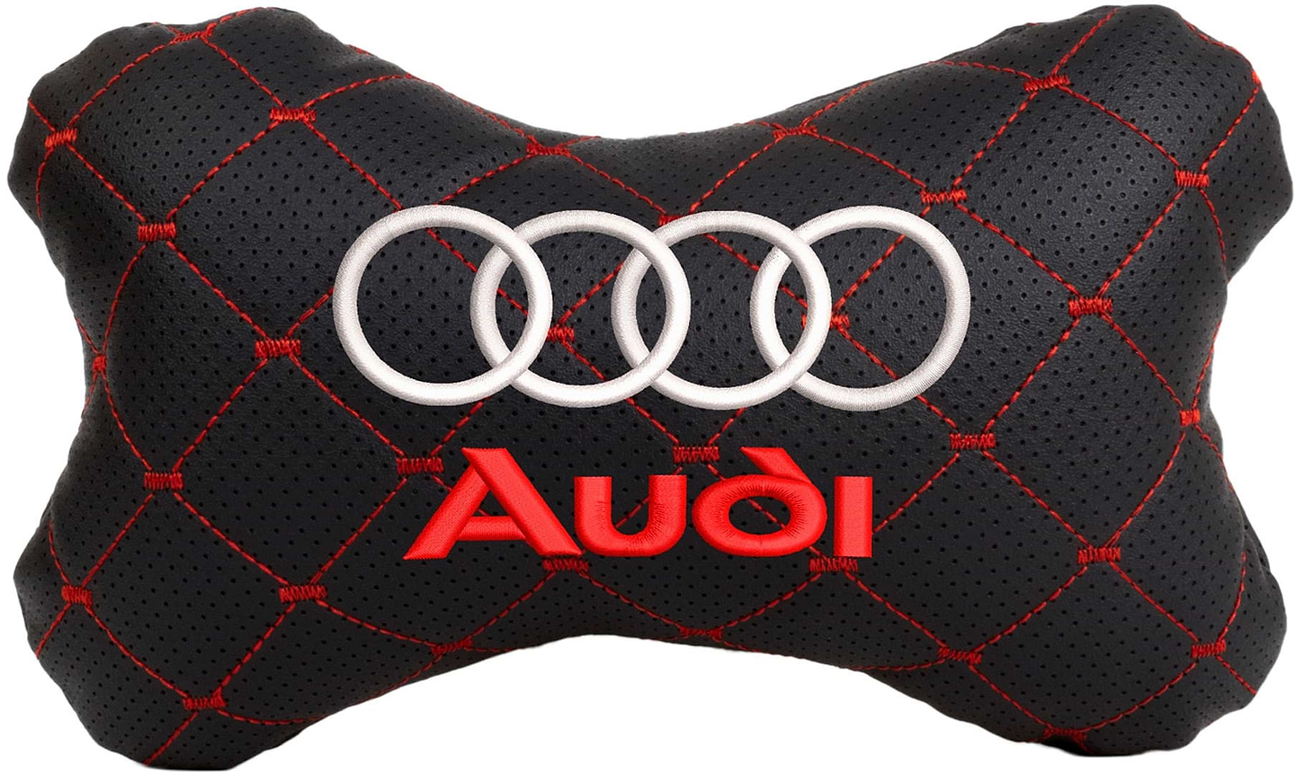 Автомобильная подушка на подголовник EVAtech ECO 27х16 см Audi черная с красной нитью SPCRBRV003