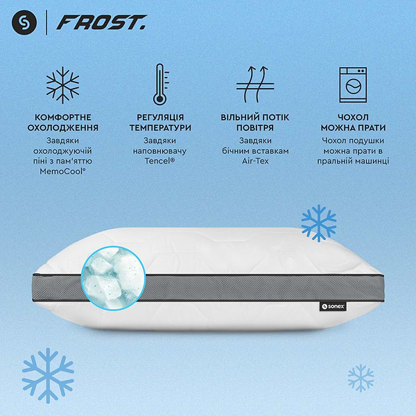 Фото - Подушка ортопедическая Sonex гибридная с памятью и эффектом охлаждения Frost 50x70 см (SO102467)